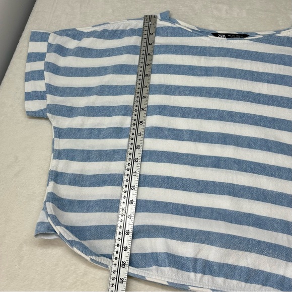 Zara Blue White Striped Linen Blend Short Sleeve Boxy Crop Top Womens Size L - Picture 7 of 9